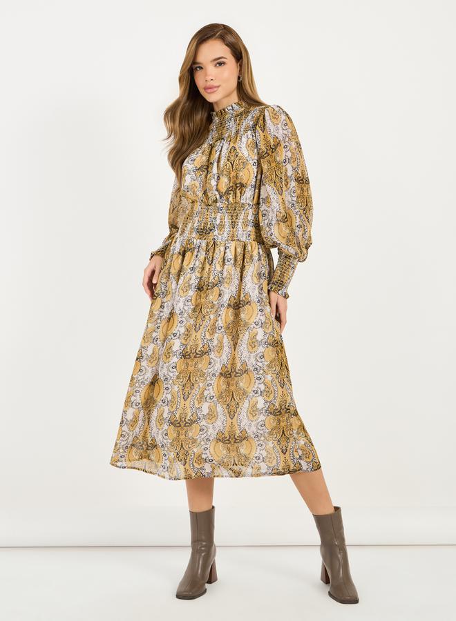 All Over Print Balloon Sleeves A-Line Midi Dress