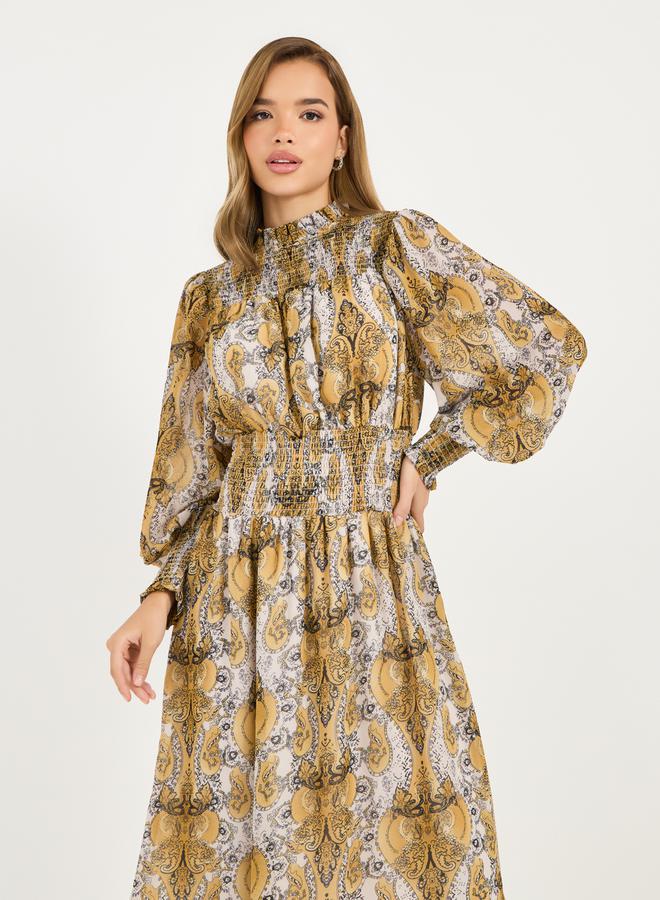 All Over Print Balloon Sleeves A-Line Midi Dress