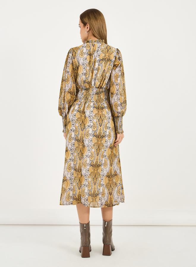 All Over Print Balloon Sleeves A-Line Midi Dress