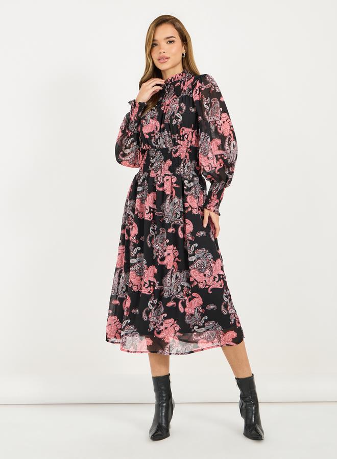 All Over Print Balloon Sleeves A-Line Midi Dress