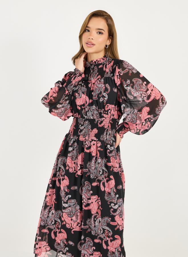 All Over Print Balloon Sleeves A-Line Midi Dress