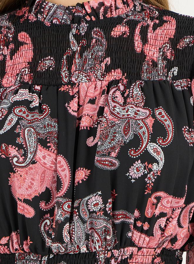All Over Print Balloon Sleeves A-Line Midi Dress