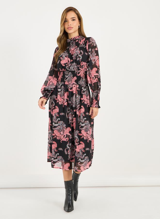 All Over Print Balloon Sleeves A-Line Midi Dress
