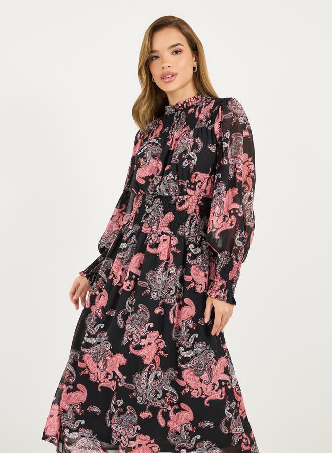 All Over Print Balloon Sleeves A-Line Midi Dress
