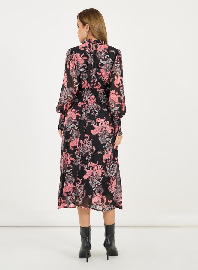 All Over Print Balloon Sleeves A-Line Midi Dress