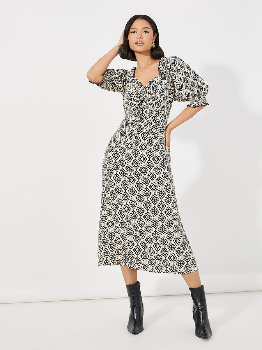 All Over Print Ruched Detail Midi Dress