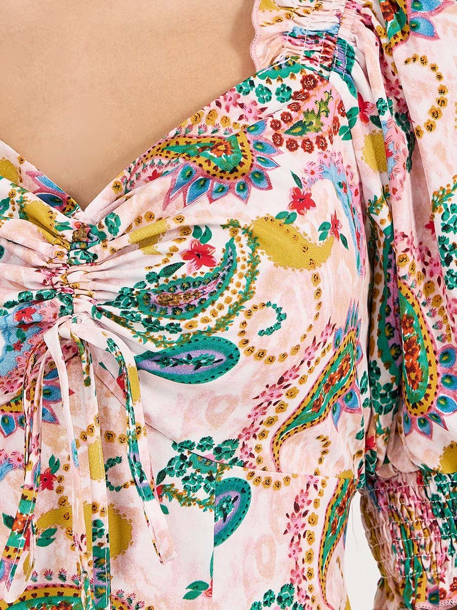 All Over Print Ruched Detail Midi Dress