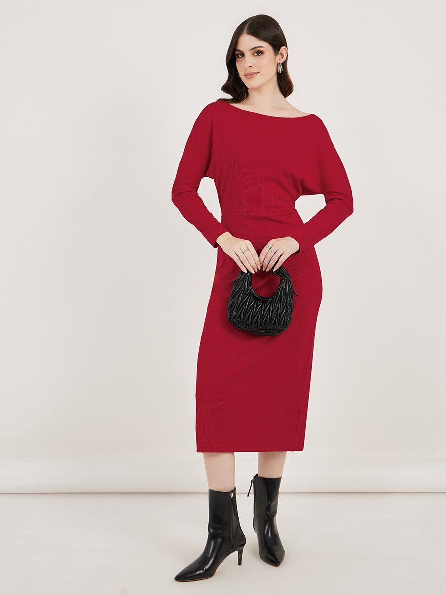 Solid Bodycon Midi Dress with Long Sleeves For Women at UAE | Styli Solid Bodycon Midi Dress with Long Sleeves For Women at UAE | Styli