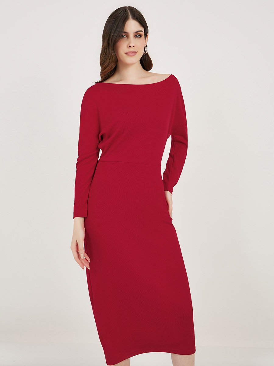 Solid Bodycon Solid Bodycon Midi Dress with Long Sleeves For Women at UAE | Styli
