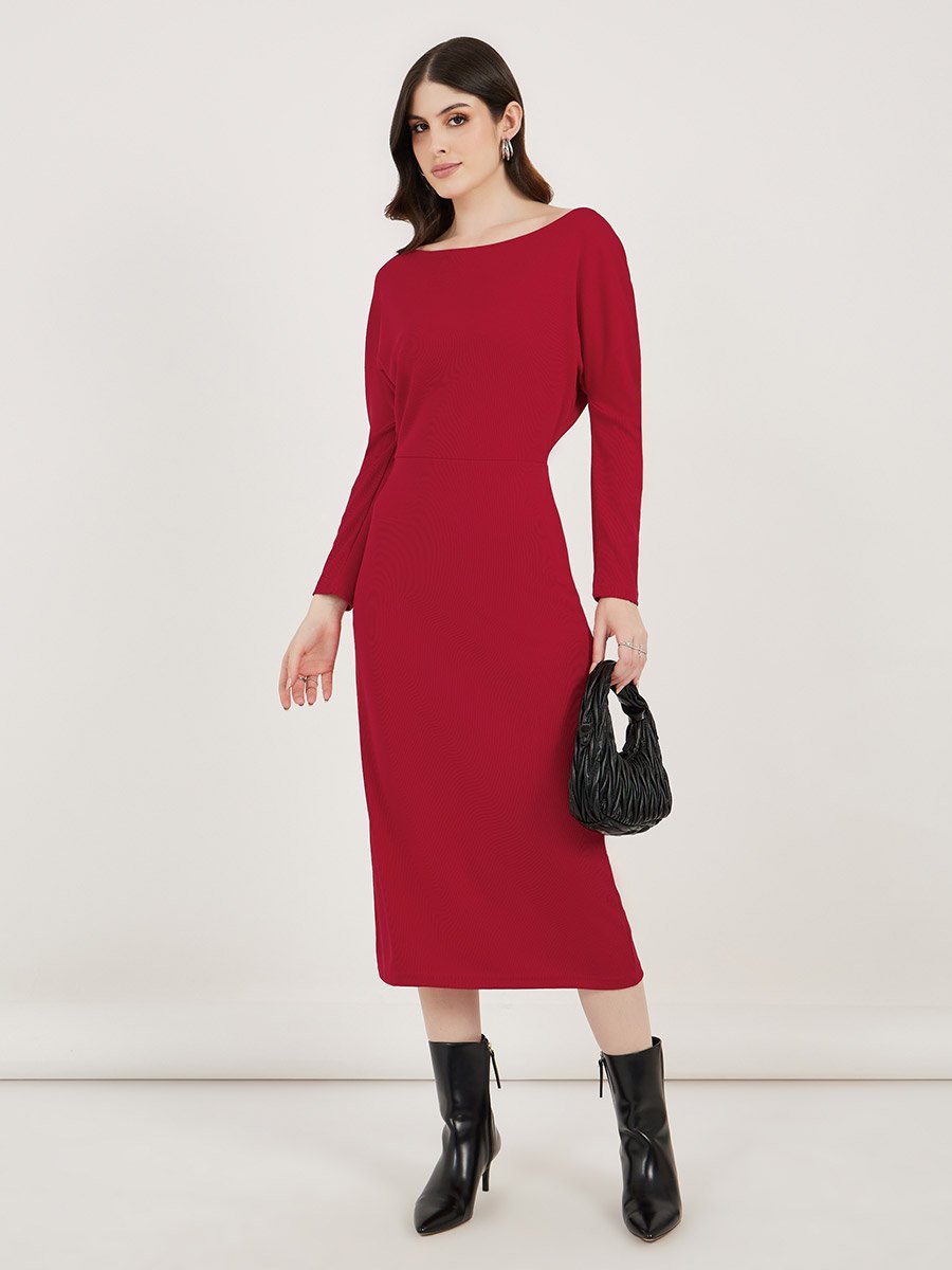Solid Bodycon Solid Bodycon Midi Dress with Long Sleeves For Women at UAE | Styli