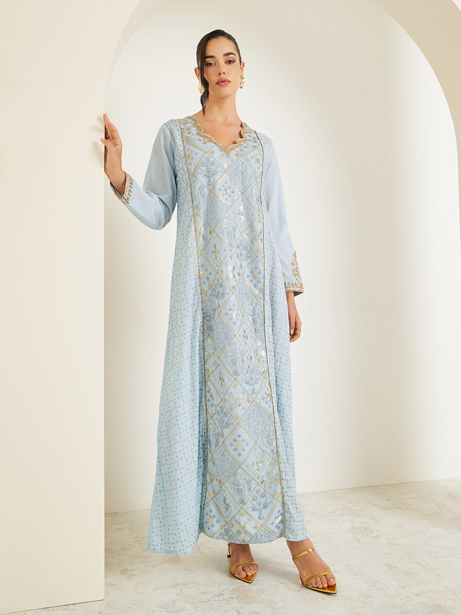 Light Blue Cotton Cambric Jalabiya with Embroidery