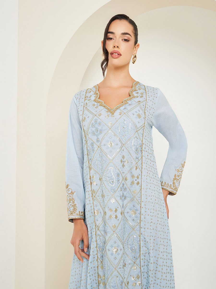 Light Blue Cotton Cambric Jalabiya with Embroidery