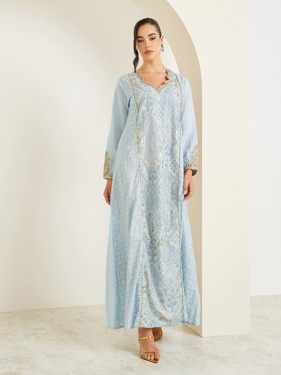 Light Blue Cotton Cambric Jalabiya with Embroidery