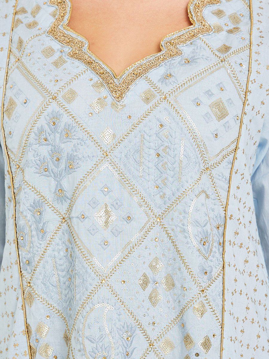 Light Blue Cotton Cambric Jalabiya with Embroidery