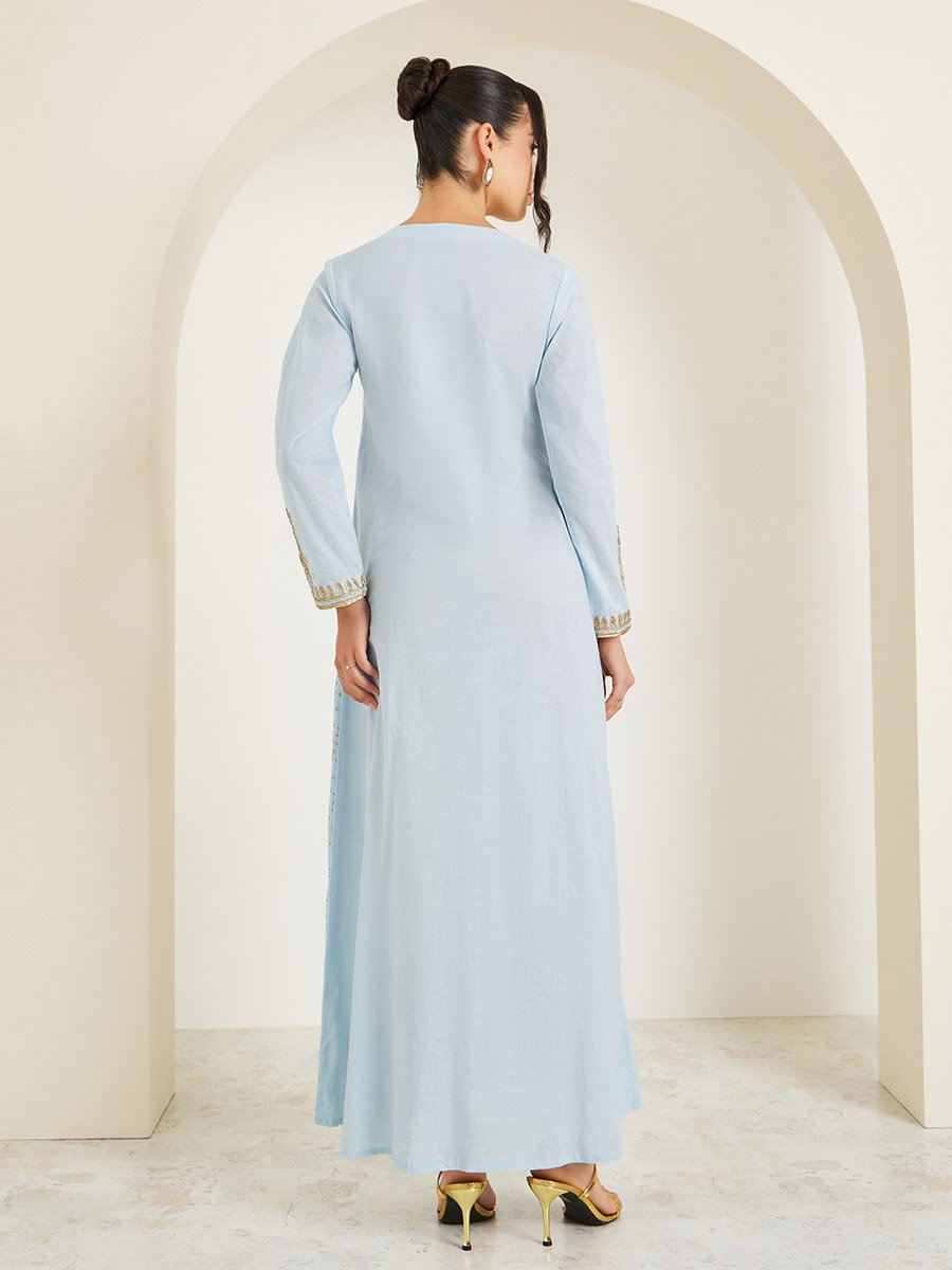 Light Blue Cotton Cambric Jalabiya with Embroidery