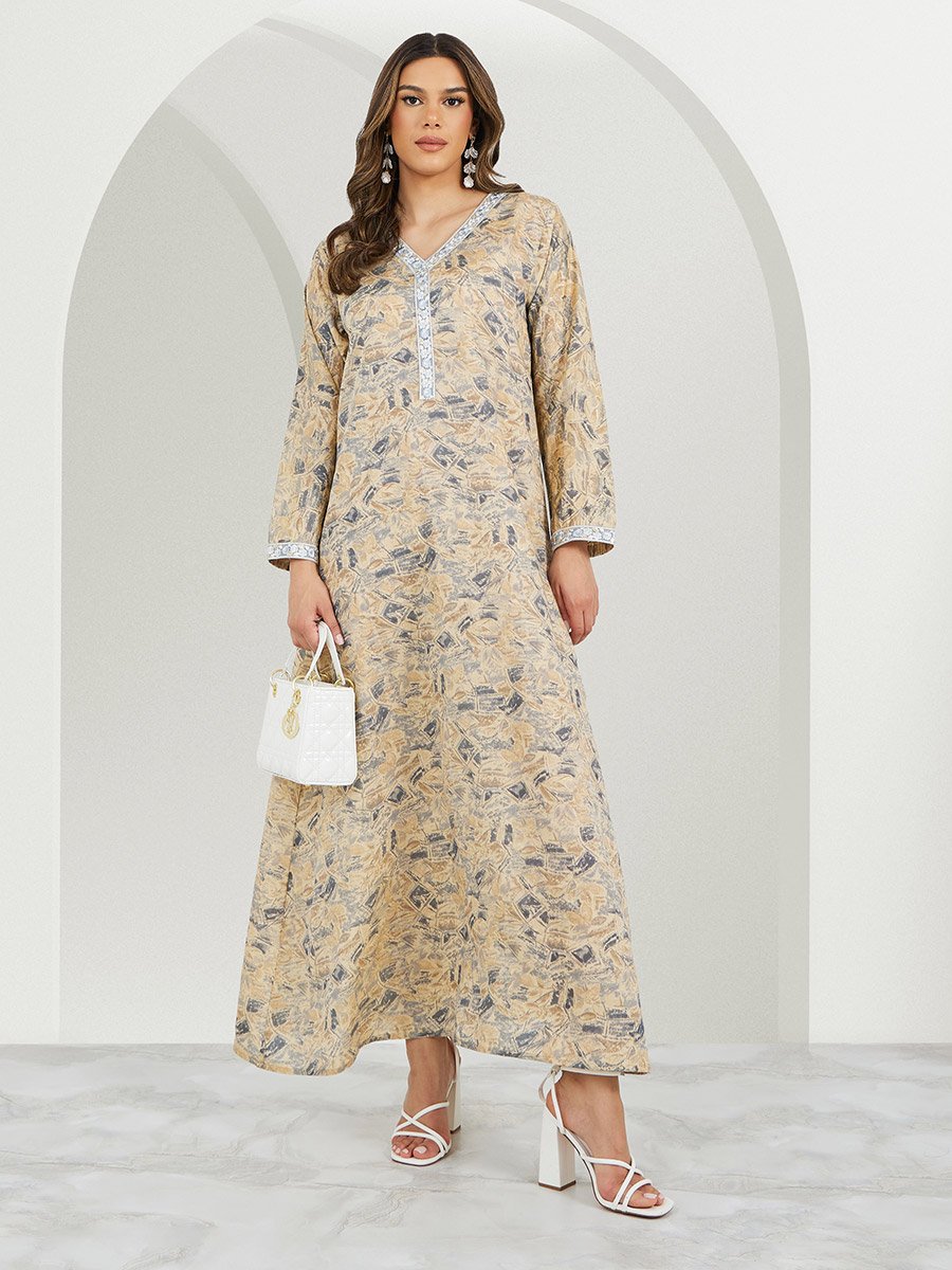 All-Over Print Lace Detail V-Neck A-Line Jalabyia