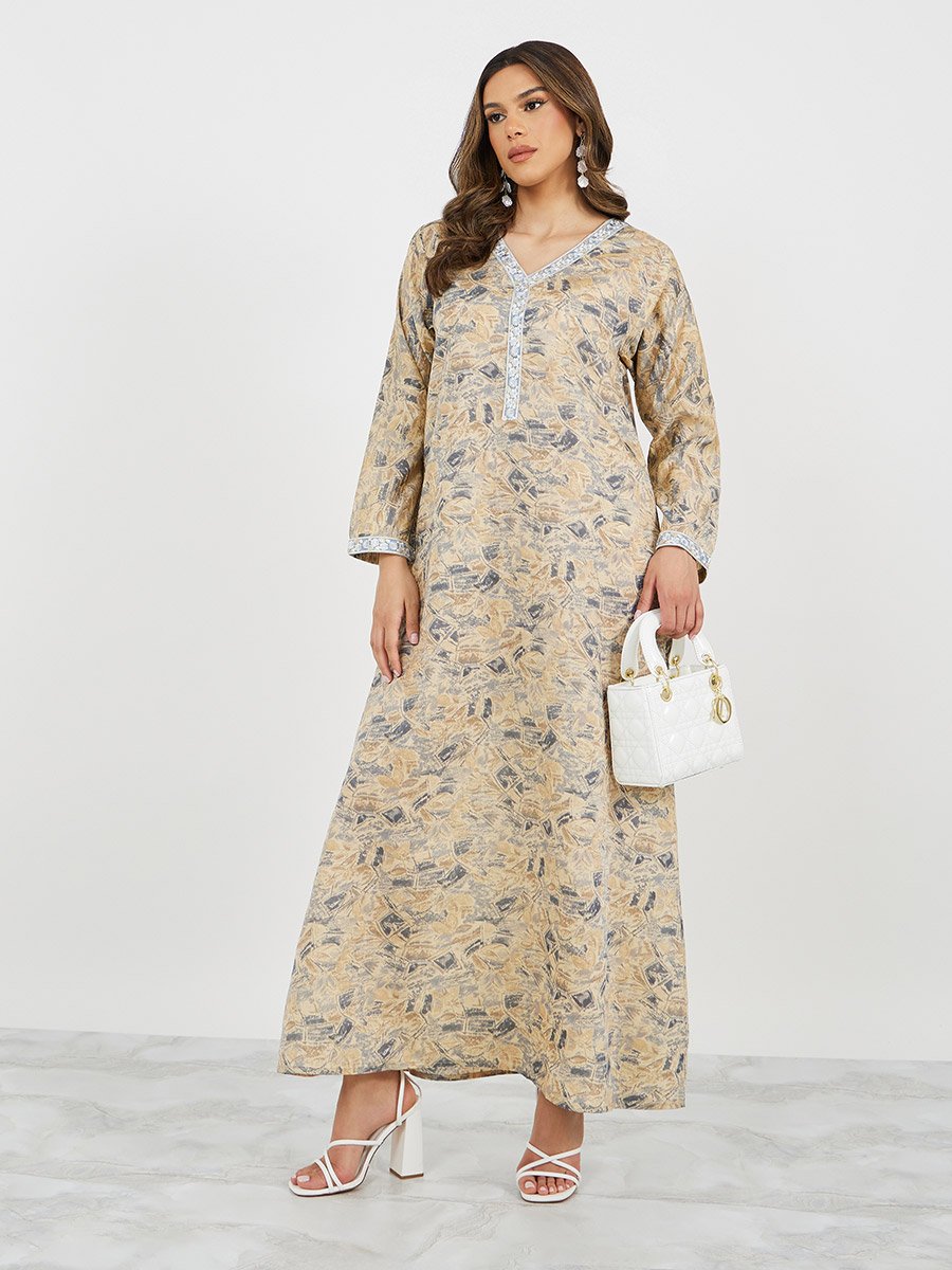 All-Over Print Lace Detail V-Neck A-Line Jalabyia