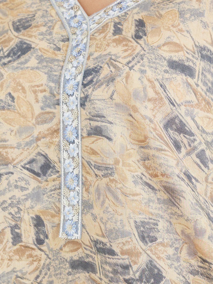All-Over Print Lace Detail V-Neck A-Line Jalabyia