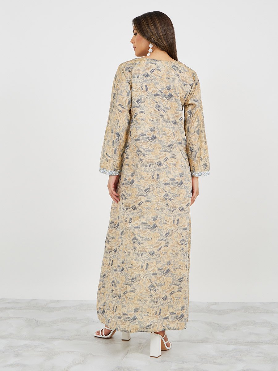 All-Over Print Lace Detail V-Neck A-Line Jalabyia