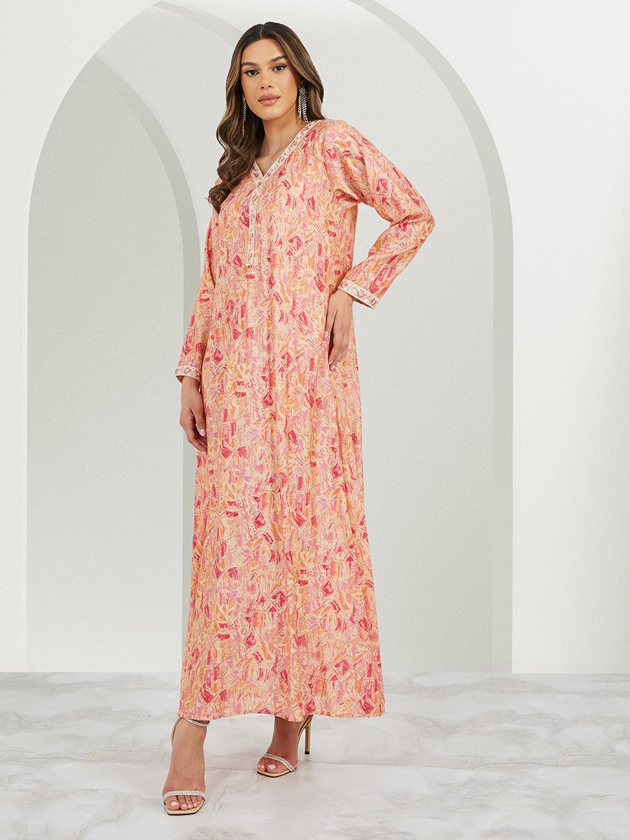 Printed Embroidered V-Neck A-Line Jalabyia
