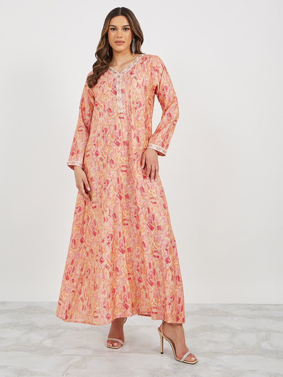 Printed Embroidered V-Neck A-Line Jalabyia