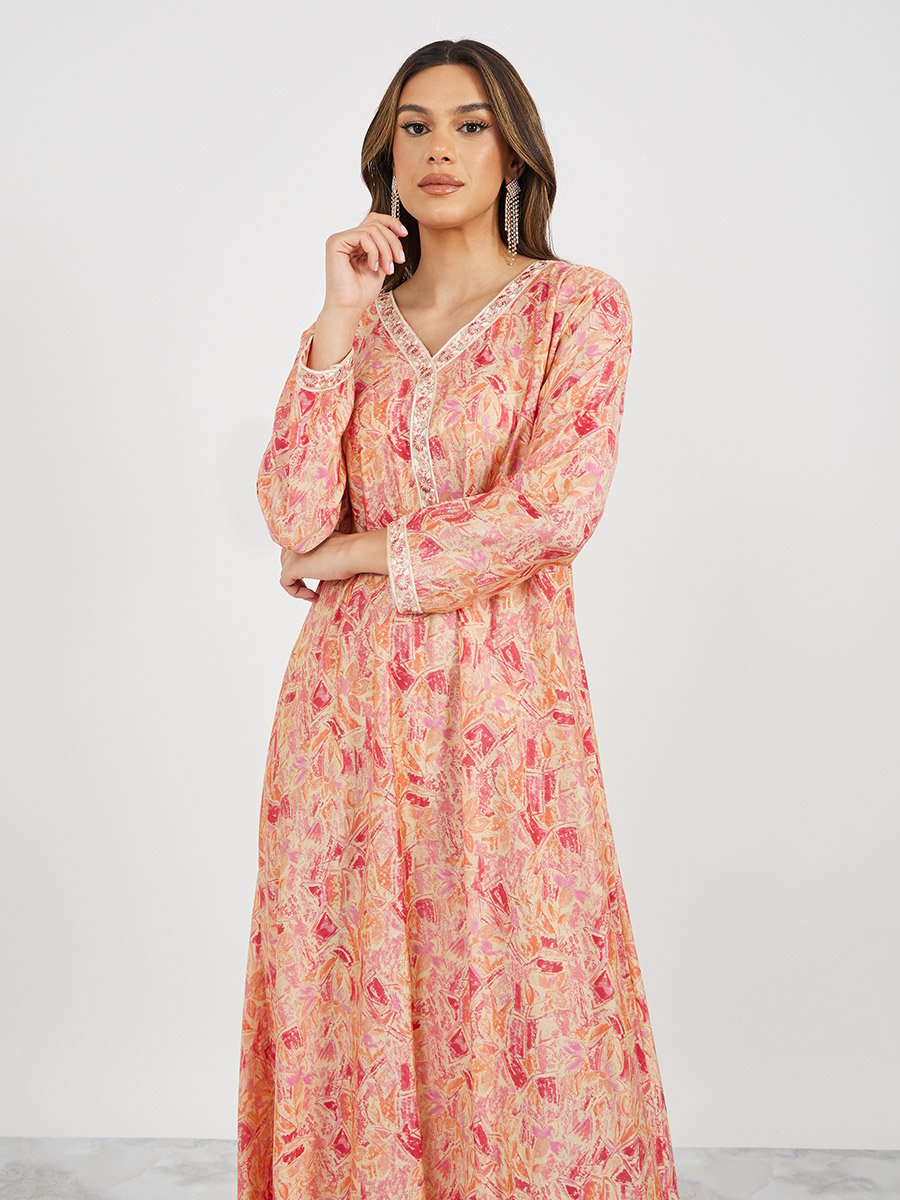 Printed Embroidered V-Neck A-Line Jalabyia
