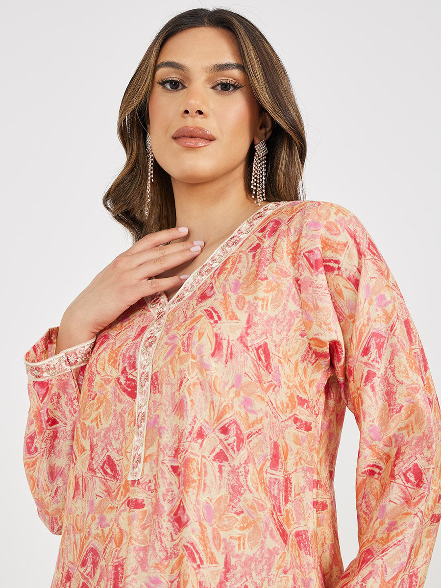 Printed Embroidered V-Neck A-Line Jalabyia