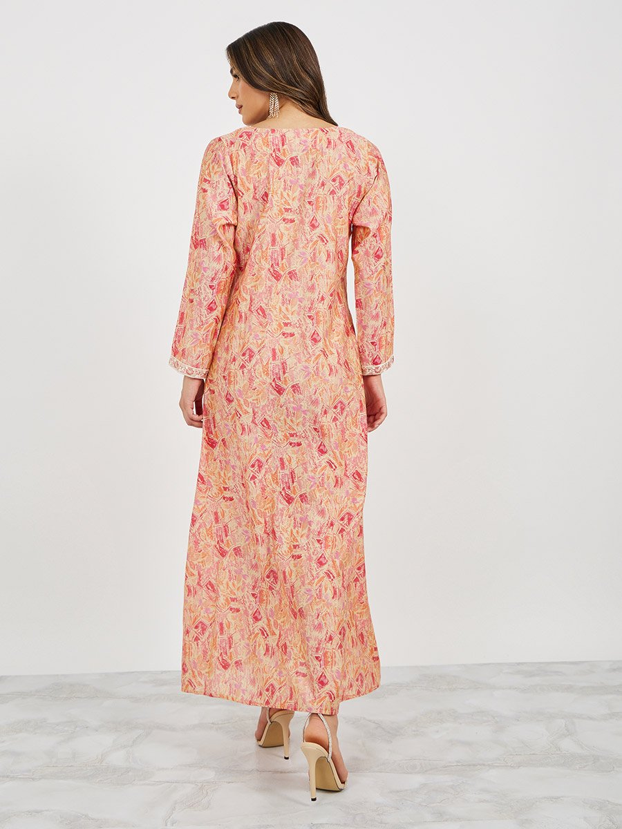 Printed Embroidered V-Neck A-Line Jalabyia