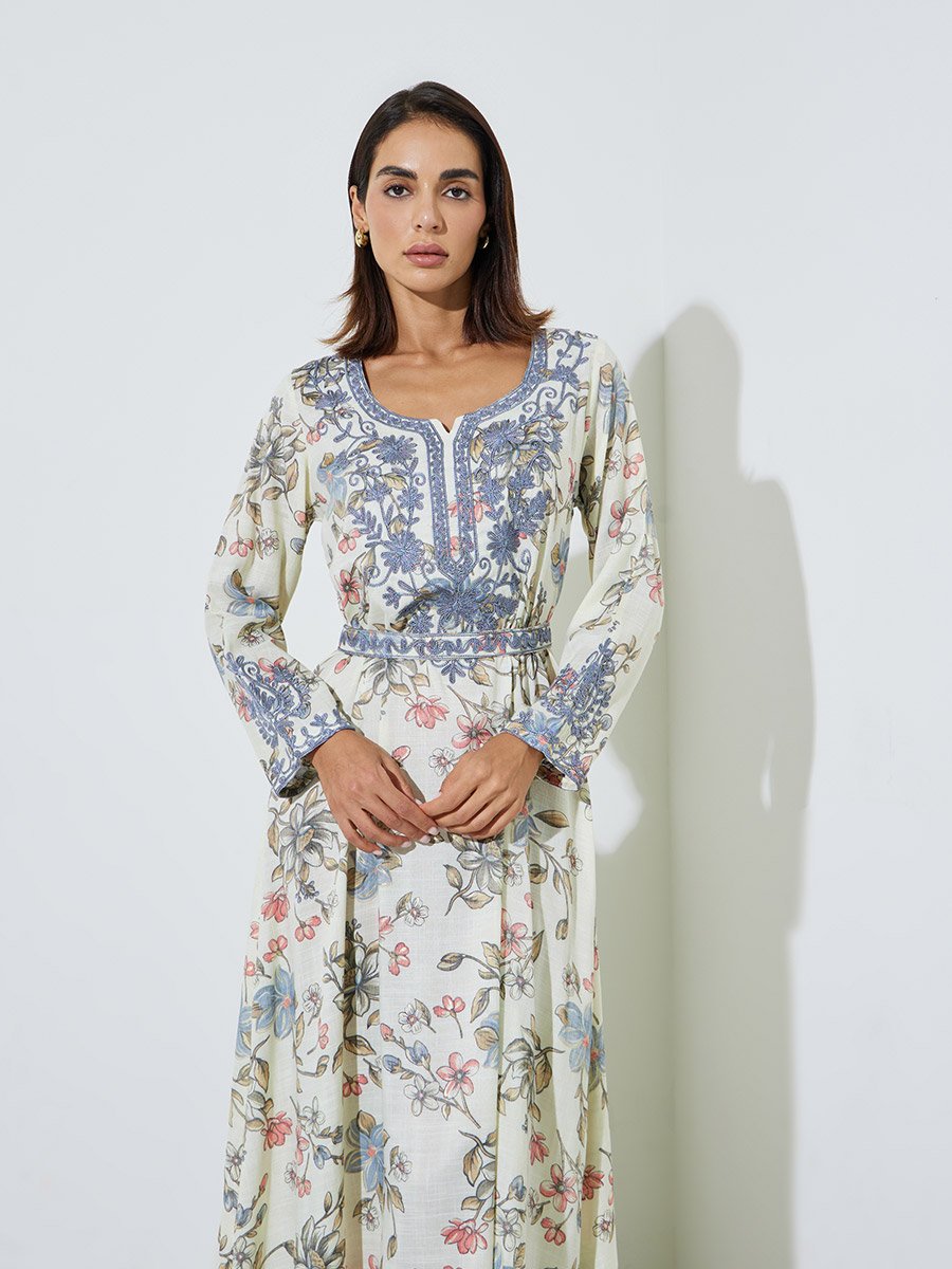 Light Blue Floral Maxi Jalabiya with Dori Embroidery
