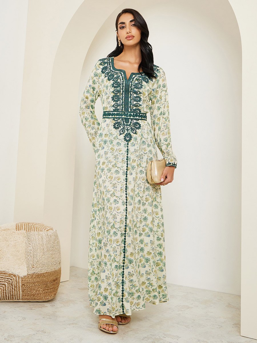 Green Floral Maxi Jalabiya with Dori Embroidery