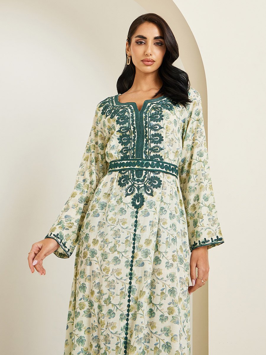 Green Floral Maxi Jalabiya with Dori Embroidery