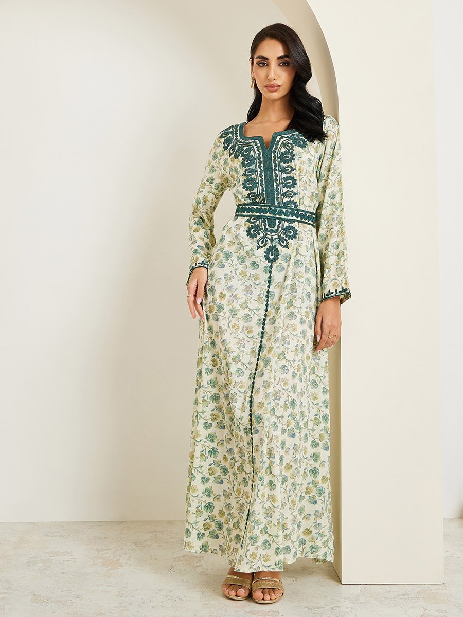 Green Floral Maxi Jalabiya with Dori Embroidery