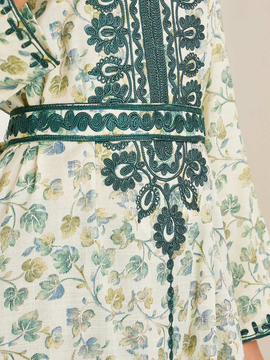 Green Floral Maxi Jalabiya with Dori Embroidery