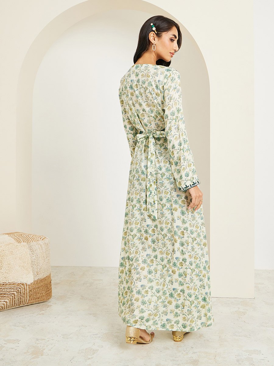 Green Floral Maxi Jalabiya with Dori Embroidery