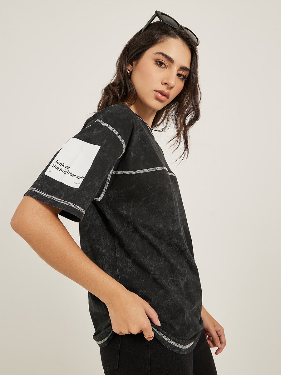Acid Wash Slogan Print Oversized T-Shirt