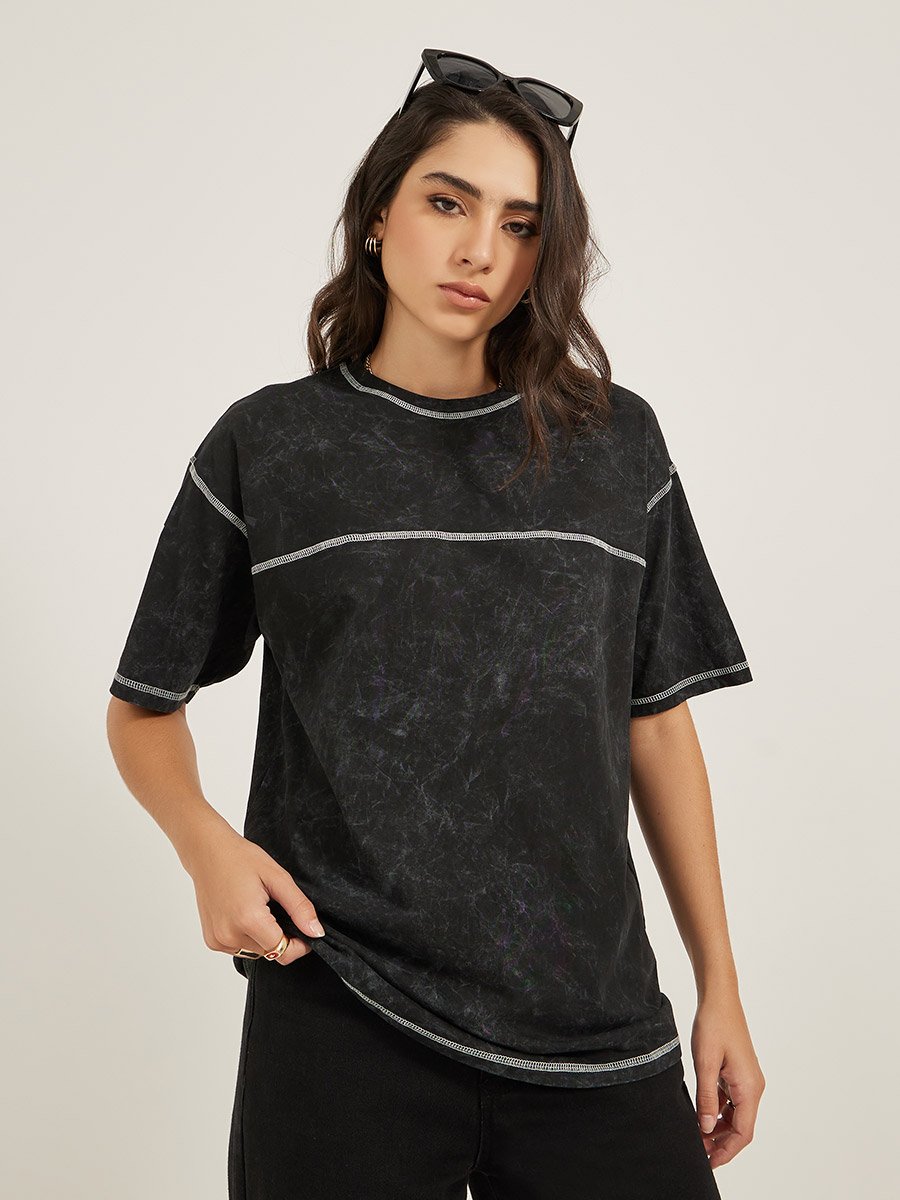Acid Wash Slogan Print Oversized T-Shirt