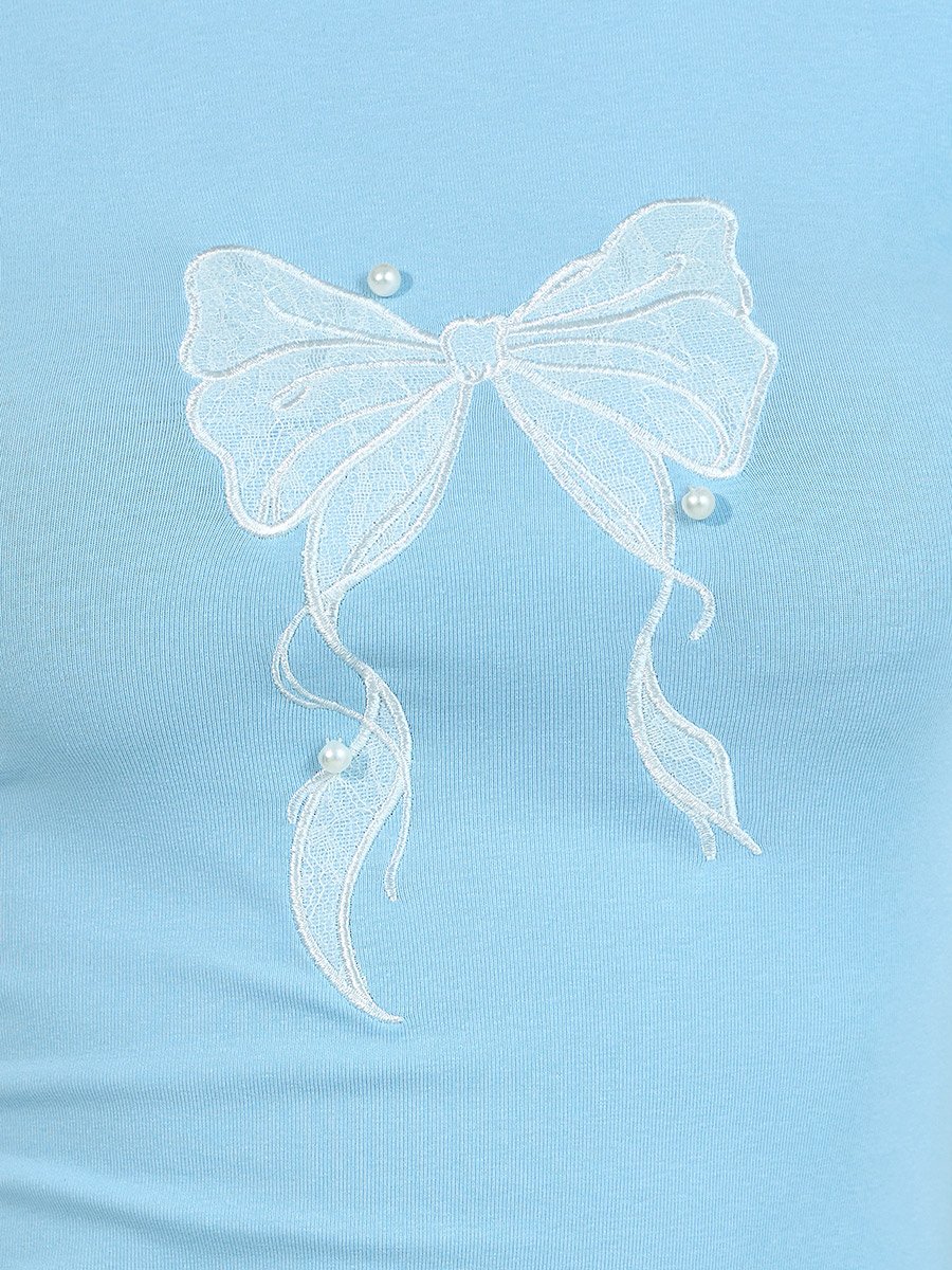 Embroidered Bow Detail Slim Fit T-Shirt