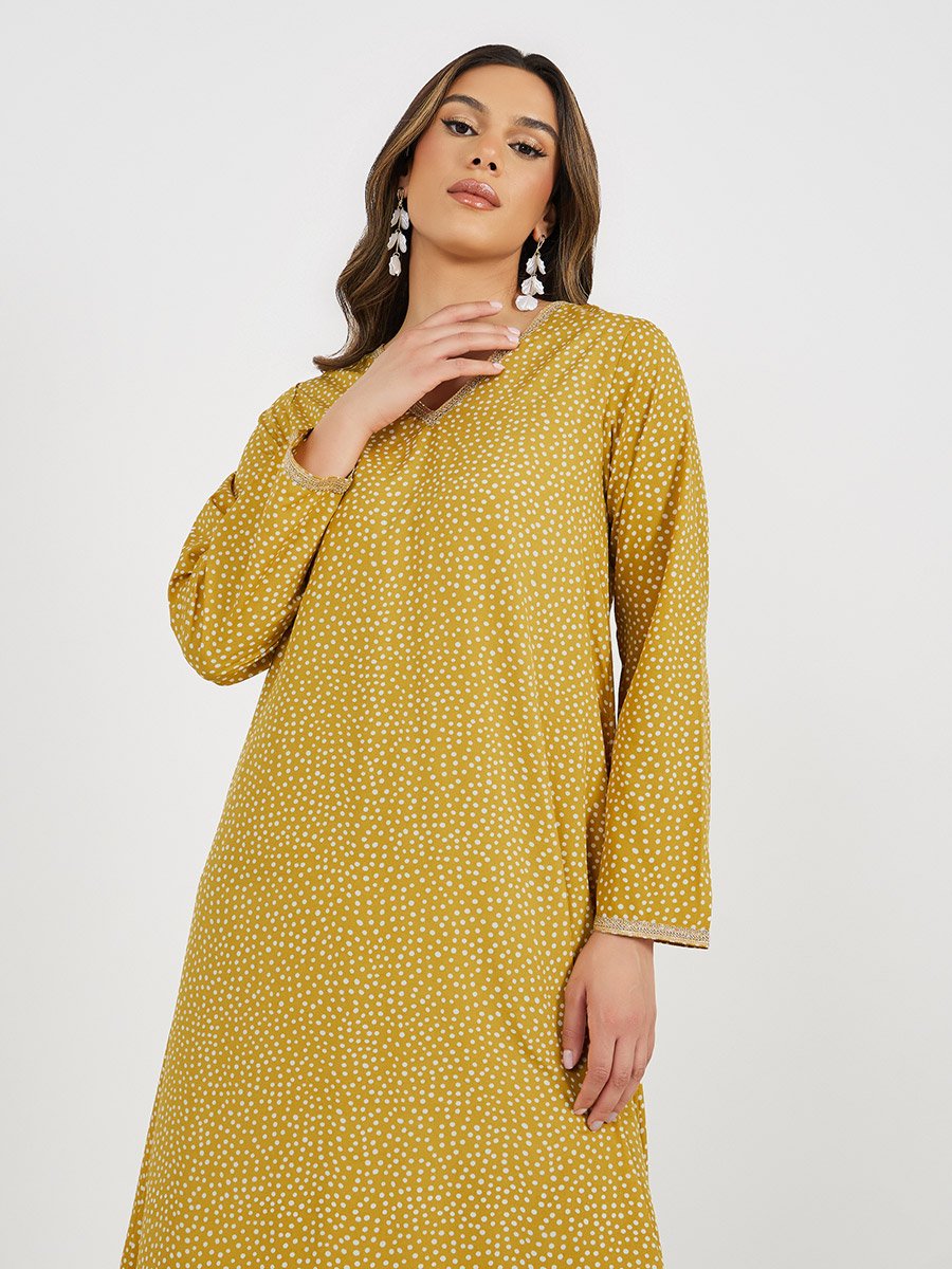 All-Over Polka Dot Print V Neck Jalabiya with Lace Trims