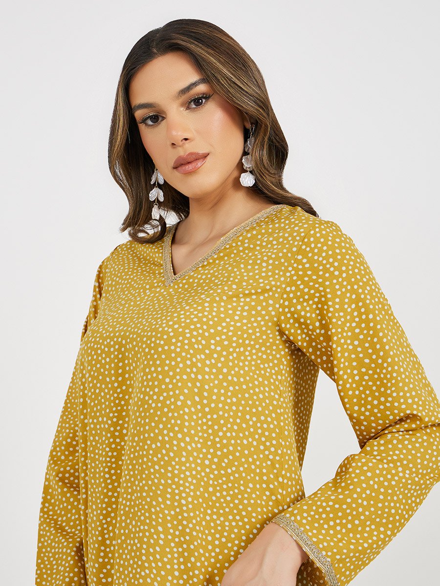 All-Over Polka Dot Print V Neck Jalabiya with Lace Trims
