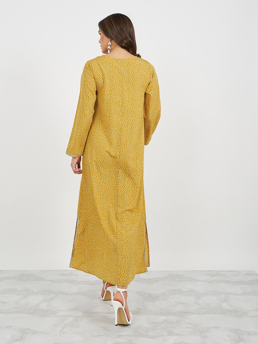 All-Over Polka Dot Print V Neck Jalabiya with Lace Trims