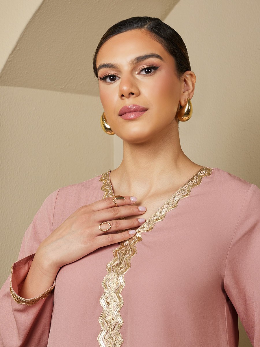 Sequin Embellished V-Neck Flared Jalabiya