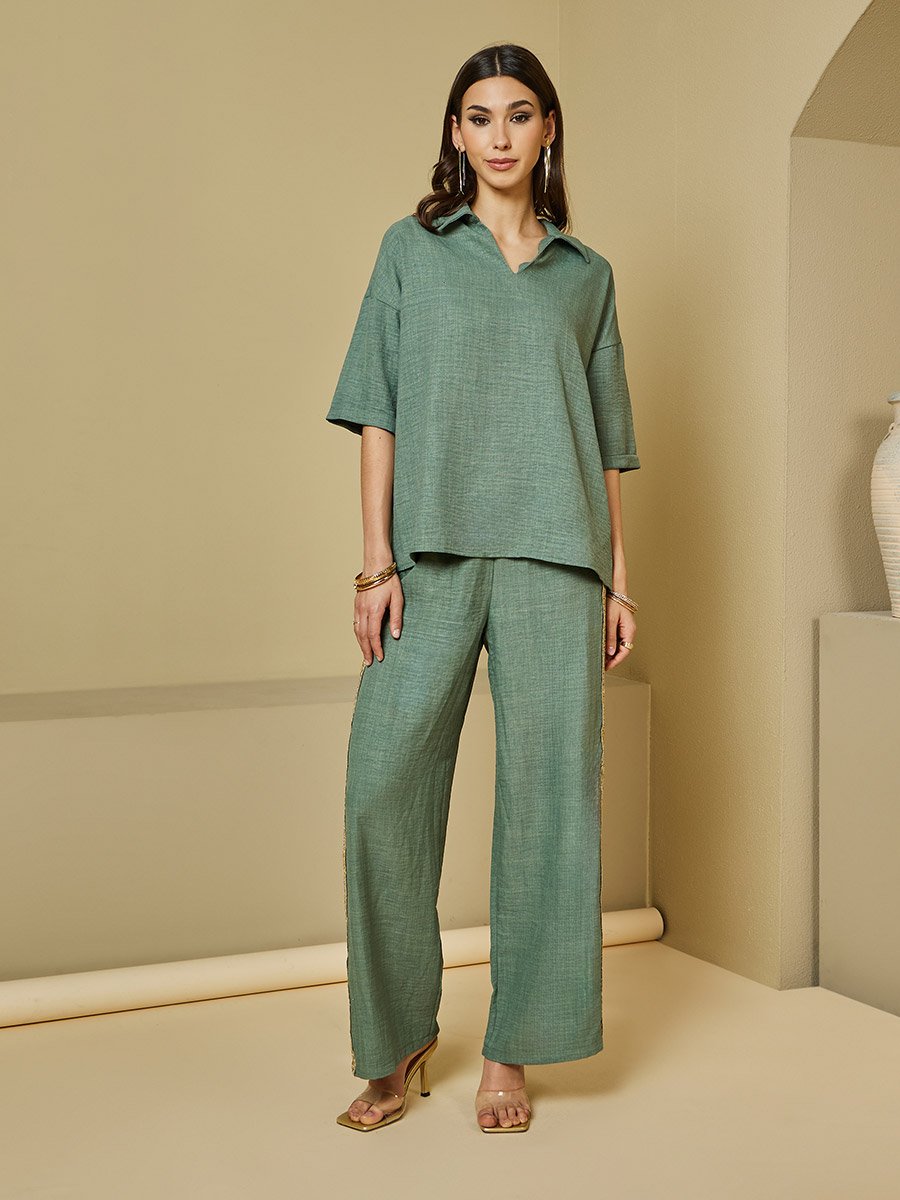 Oversize Boxy Top with Wide Leg Pants with Lace Detail Co-Ords Set