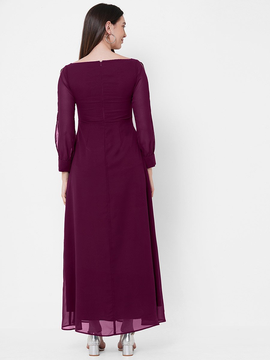 Solid Georgette Fit and Flare Maxi Dress with Slit Sleeves For Women at UAE  | Styli