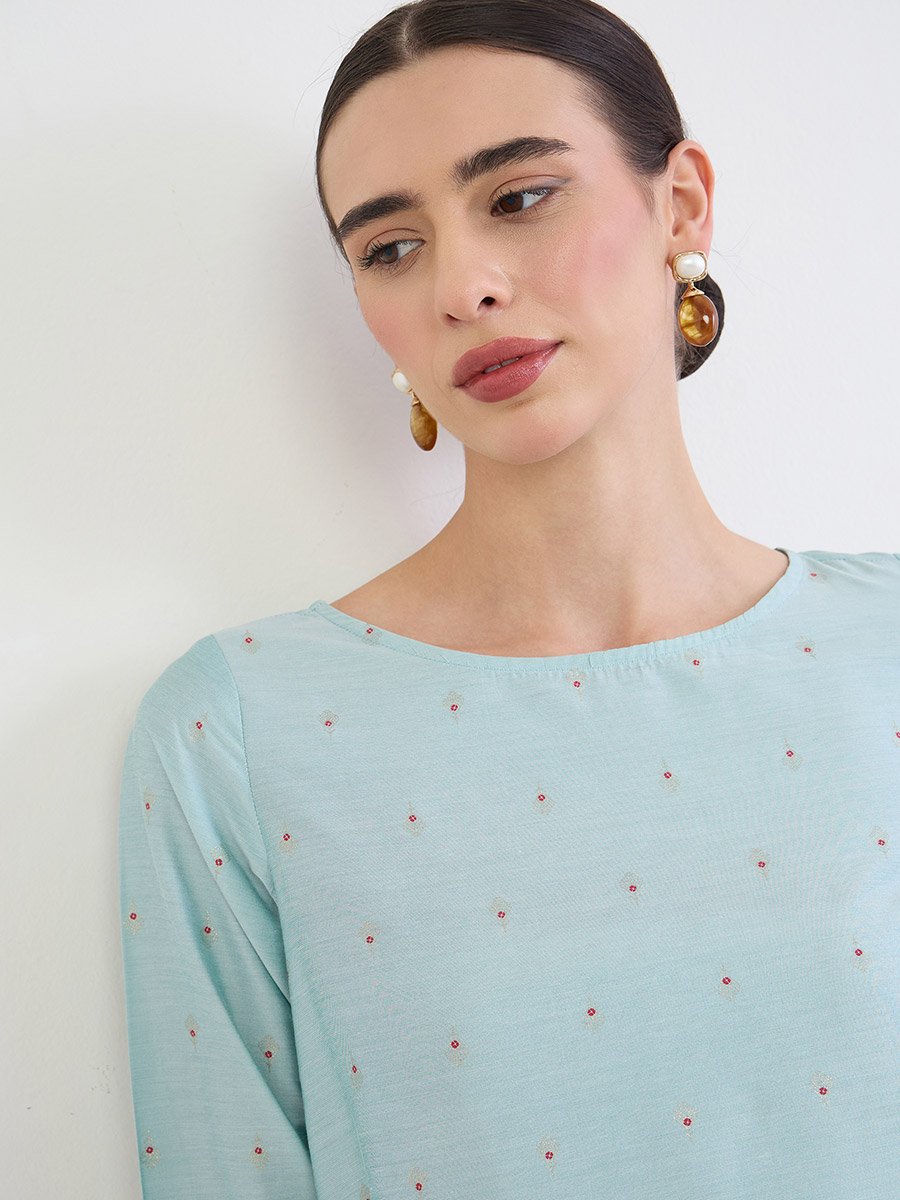 Green Round Neck Printed Jalabiya