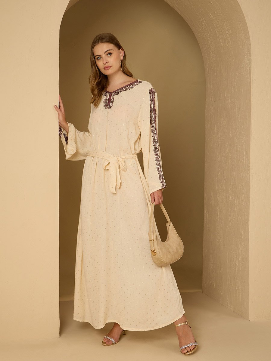 Crinkled Embroidered Detail Jacquard Jalabiya with Fabric Belt