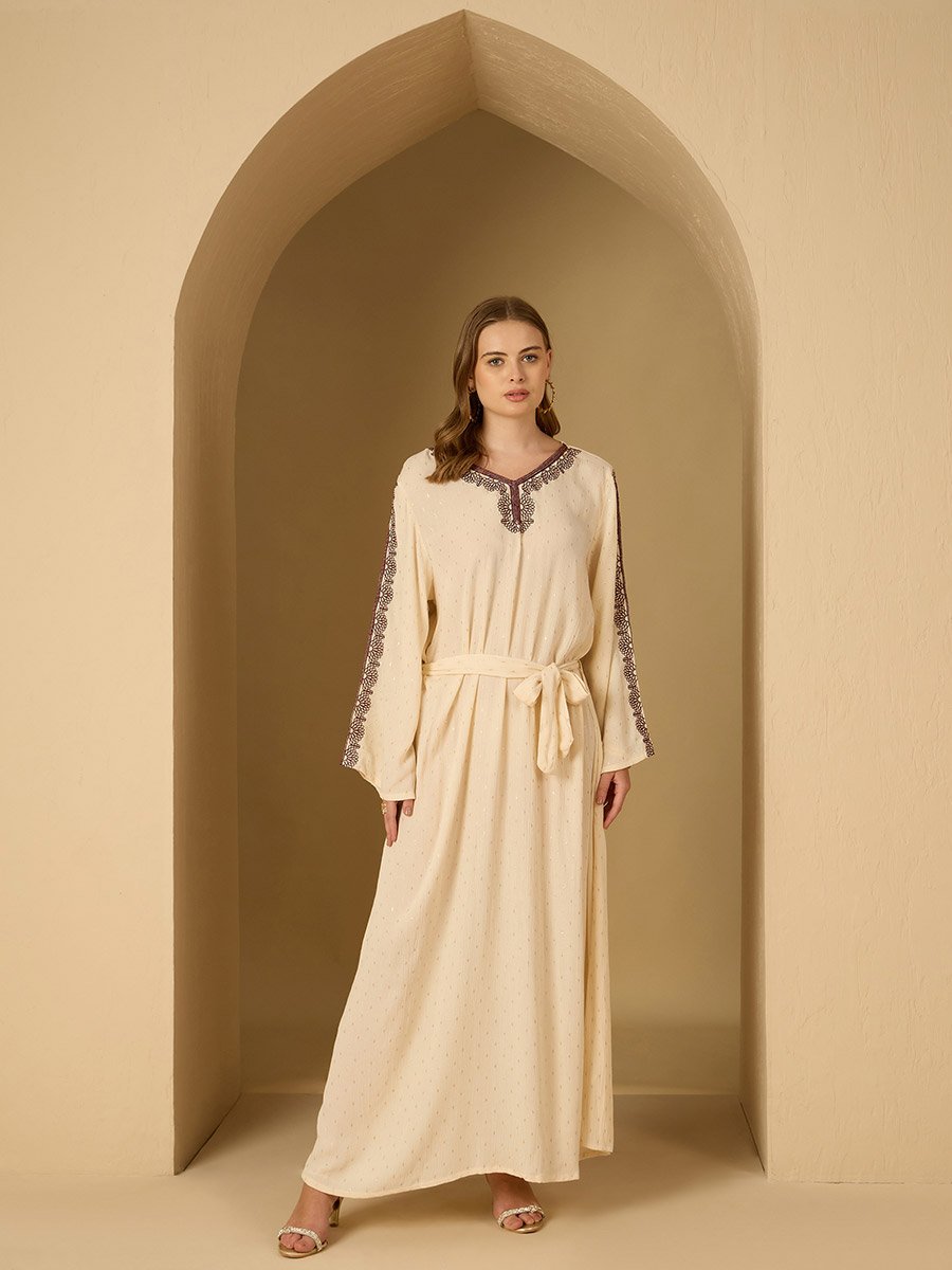 Crinkled Embroidered Detail Jacquard Jalabiya with Fabric Belt