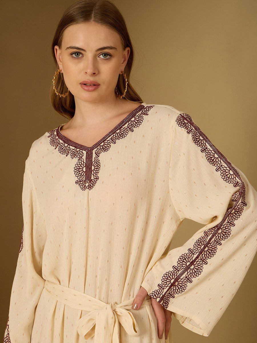 Crinkled Embroidered Detail Jacquard Jalabiya with Fabric Belt