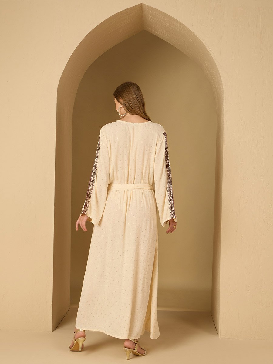 Crinkled Embroidered Detail Jacquard Jalabiya with Fabric Belt