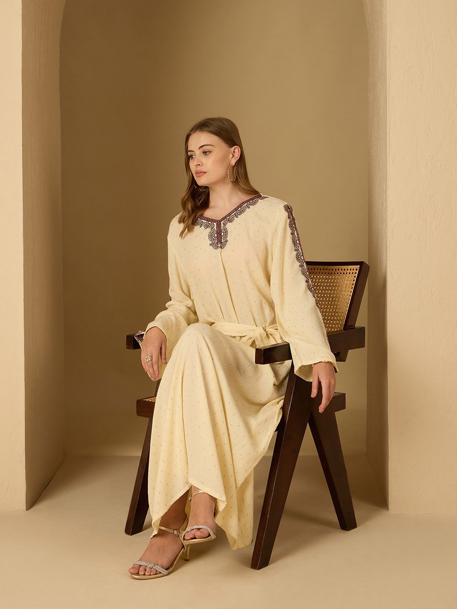 Crinkled Embroidered Detail Jacquard Jalabiya with Fabric Belt