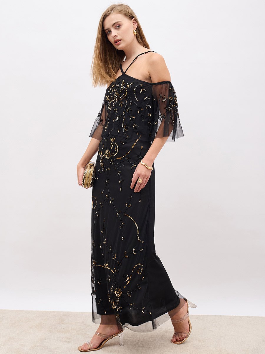 Embellished Halter Neck Cape Sleeve Mermaid Maxi Dress